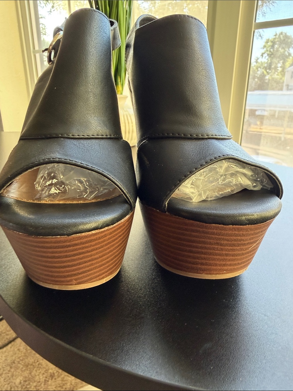 Report Black Peep-Toe Platform Slingback Heels with Brown Wood-Look Sole - Picture 8 of 8